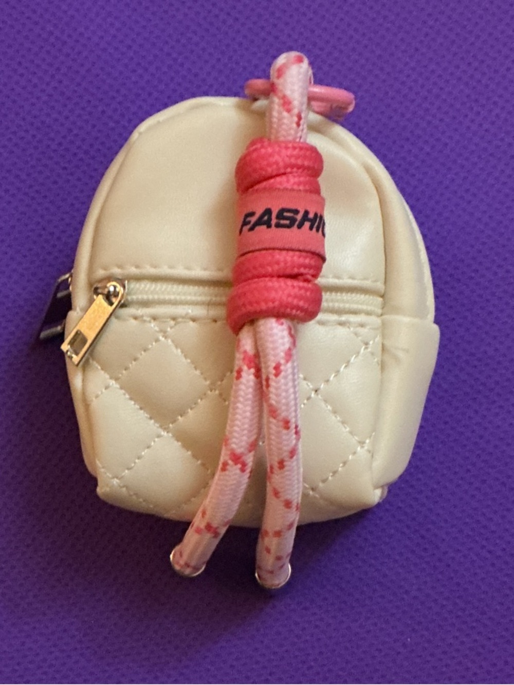 Cream Mini Backpack bag charm Coin Purse with Pink Rope Detail